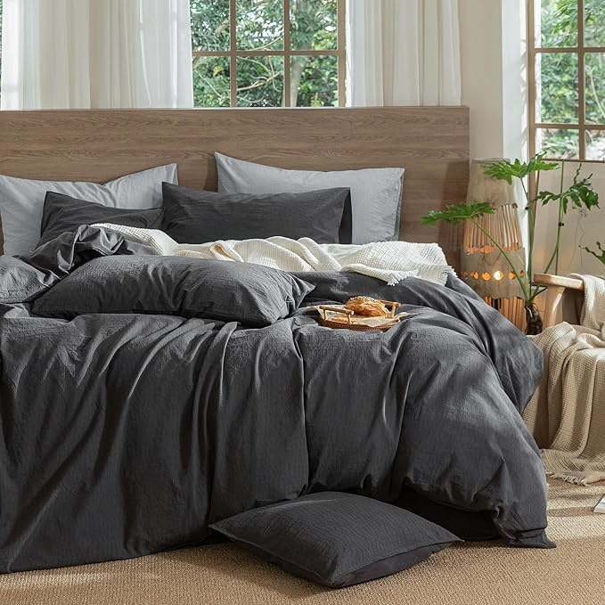 MooMee Wavy Striped Duvet Cover Set 100% Washed Cotton Linen Like Textured Breathable Durable Soft Comfy (Charocal Grey, Twin 68"x90")