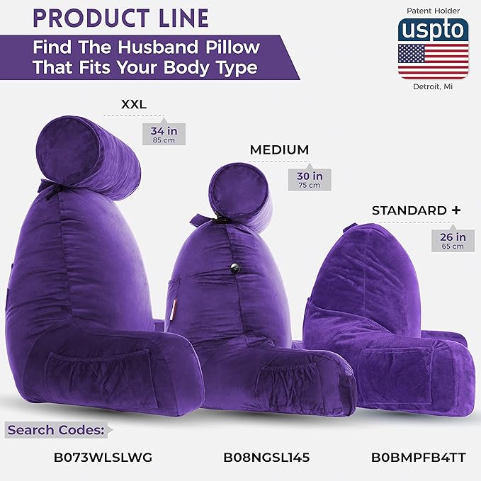 Husband Pillow Medium Purple, Backrest for Kids, Teens, Petite Adults - Reading Pillows with Arms, Adjustable Loft, Plush Memory Foam, Bed Rest Chair for Sitting Up, Detach Neck Roll, Removable Cover