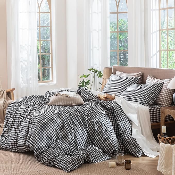 MooMee Gingham Duvet Cover Set 100% Washed Cotton Linen Like Textured Breathable Durable Soft Comfy Modern Checkered Design (Black White Gingham, Queen 90"x90")