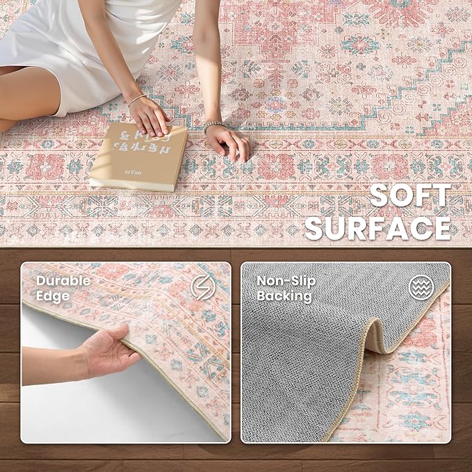 zesthome 8x10 Area Rugs for Girls Bedroom, Non-Slip Backing Washable Rugs, Vintage Large Pink Rug, Stain Resistant Nursery Room Rug (Pink/Blue,8'x10')