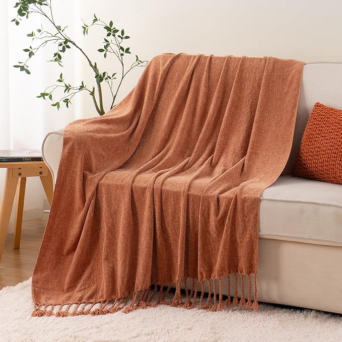 BATTILO HOME Fall Caramel Throw Blanket for Couch, Bed, Sofa - Soft Cozy Rust Orange Chenille Throw with Fringe Tassels, Lightweight Fall Knit Throw for Fall Decor, 50"x60"