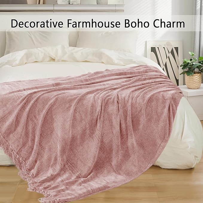 Chenille Throw Blanket for Couch 60"X 80" Twin, Soft Cozy Throws with Fringe Tassel for Bed Sofa Chair Cover, Lightweight Knitted Decorative Boho Blankets for Living Room, Dusty Pink