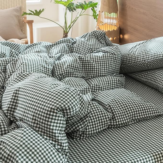 MooMee Gingham Duvet Cover Set 100% Washed Cotton Linen Like Textured Breathable Durable Soft Comfy Modern Checkered Design (Mini Gingham Forest Green, Palatial King/Oversized King 120"x98")