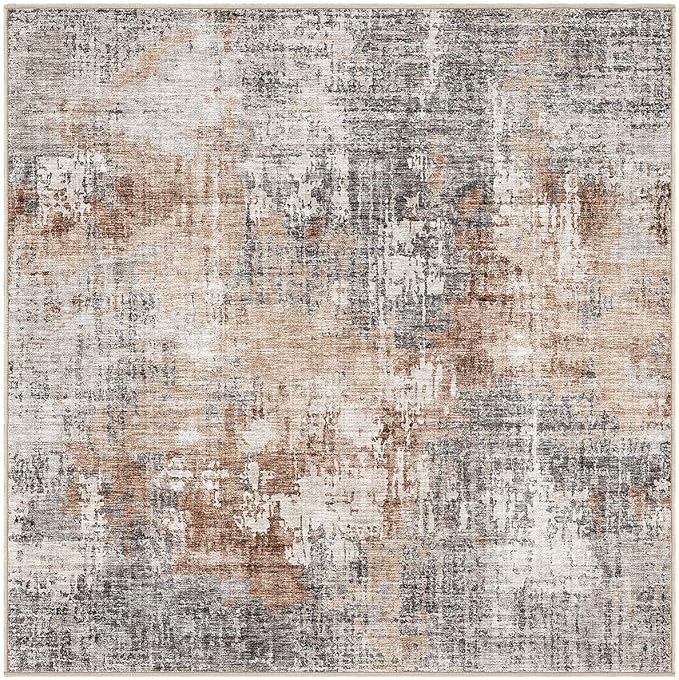 Square Area Rug Living Room Rugs - 8x8 Washable Large Soft Indoor Neutral Modern Abstract Low Pile Rug Carpet for Bedroom Dining Room Farmhouse Home Office - Grey Brown