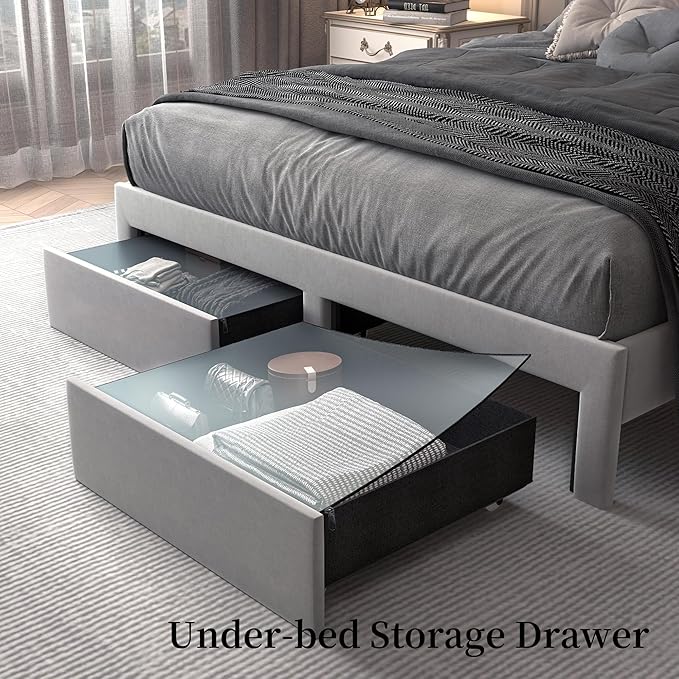 Queen LED Bed Frame with Storage Drawers, Velvet Upholstered Platform Beds with Galaxy Star Projector Charging Station, Aurora Bedframe with 2-Tier Storage Headboard, No Box Spring Needed, Grey