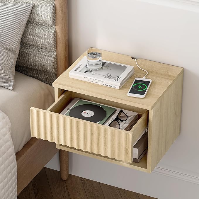 Floating TV Stands Set of 4 with Drawer and Open Shelf, Small Wall Mounted Bedside End Table, Modern Fluted Night Stand for Bedroom, Living Room, Light Oak