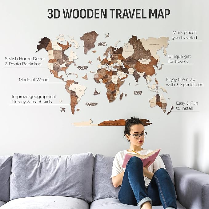 Handmade 3D Wood World Map Wall Art Large Wall Decor Track Your World Travels - Special for Home, Kitchen and Office (X-Large, Multicolor)