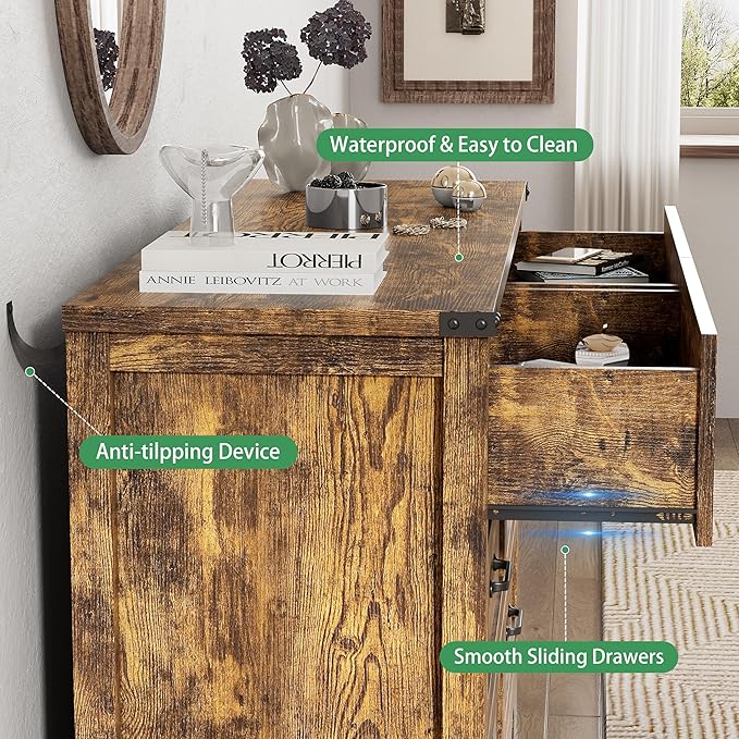 Dresser for Bedroom with 6 Drawers, 48" Wide Wood Chest of Drawers with Deep Drawers & Mental Handle, Wooden Dresser TV Stand, Modern Closet Storage Organizer for Living Room, Hallway, Entryway, Brown