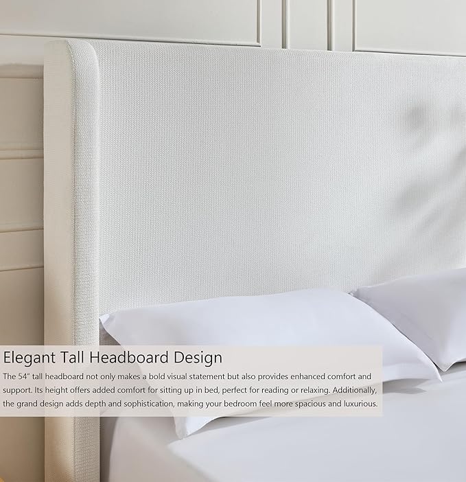 Harper 54" Extra-Tall Headboard Bed Frame - Modern Wingback Upholstered Platform Bed, 1000lbs Heavy Duty Support, Textured Chenille, No Box Spring Needed (Cream White King U.S. Standard)