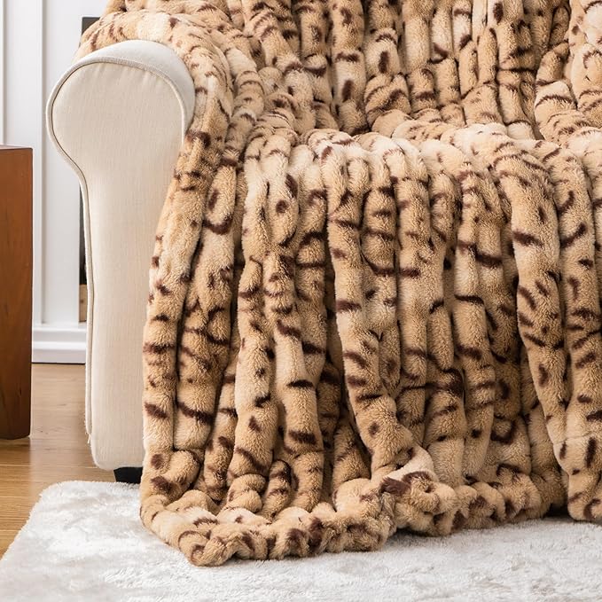 BATTILO HOME Luxury Ruched Faux Fur Throw Blanket Leopard Print, Double Side Soft Warm Rabbit Fur Blanket for Bed, Couch, Fall Throw Blanket for Home Decor, Large Cozy Mink Blanket 60"x80"