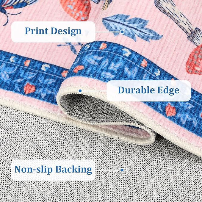 Mushroom Insect 2x6 Runner Rug for Hallway Washable Kitchen Rugs Non Slip with Rubber Back Blue Pink Low-Pile Stain Resistant Indoor Carpet for Entryway Bathroom Laundry Dorm