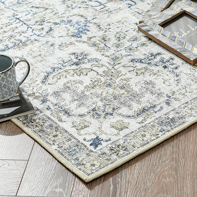 jinchan Kalen Runner Rug 2x5 Washable Hallway Rug Vintage Indoor Thin Retro Floor Cover Distressed Floral Country Lightweight Non Slip Carpet for Entryway Bathroom Kitchen Bedroom Living Room Blue