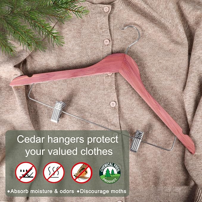 TOPIA HANGER American Red Cedar Wooden Hangers with Adjustable Metal Clips and 360° Swivel Hook, Premium Wood Clothes Hangers 20 Pack for Suit, Pant, Skirt, Jeans, Coat, Jacket-CT28C20