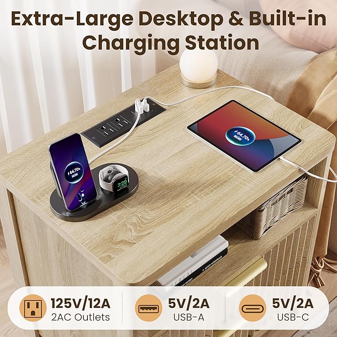 CypBed Night Stand with Charging Station, Bedside Tables with 2 Drawers & Storage Shelf, Wood Fluted Nightstand with Rounded Corner Design, Modern End Table for Bedroom, Easy Assembly