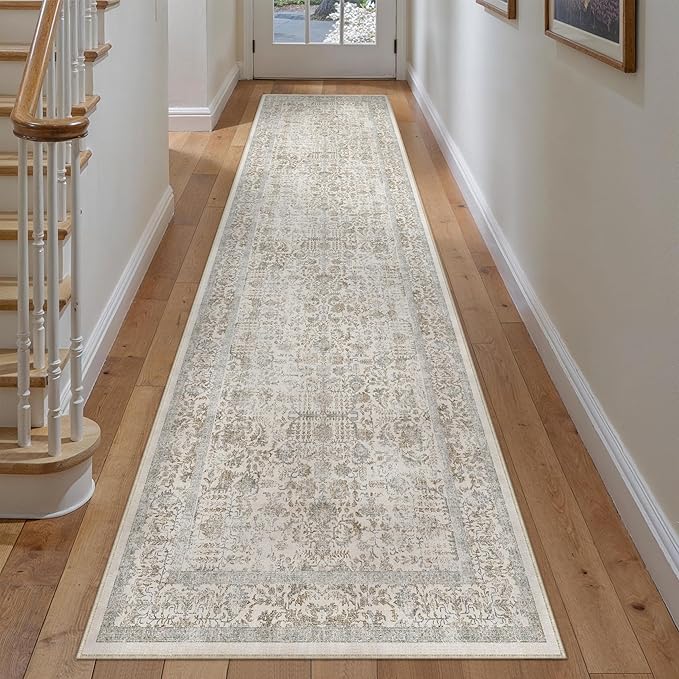 Taupe Runner Rug 2x10 Hallway Machine Washable Kitchen Vintage Distressed Non Slip Long Carpet Indoor Retro Floral Bedroom Accent Throw Rug for Bathroom Office Laundry Dining Living Room