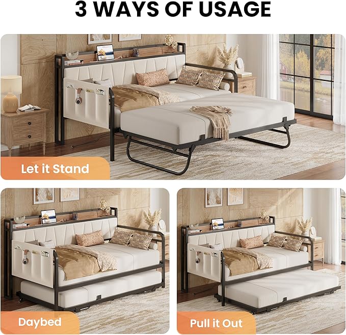 LIKIMIO Daybed with Trundle Bed, Twin XL Bed Frame with Storage Headboard and Charging Station, Sofa Day Bed with Strong Supports for Living Room, Bedroom, and Guest Room, Beige