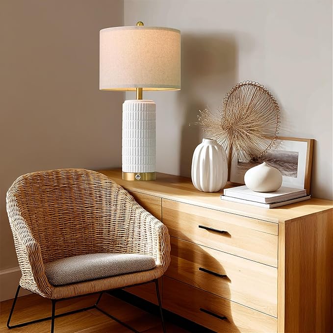 PoKat Stone-Like Ceramic Table Lamps with USB Ports for Bedroom, 25'' Matte-White Dimmable Nightstand Touch Lamps for Night Stands with Gold Base, Farmhouse Lamps for Living Room End Side Table