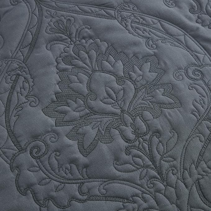 CHIXIN Oversized Bedspread Coverlet Set King Size - Lightweight Bedding Cover - Beautiful Stitching - 4 Piece Reversible Bedspread - Gorgeous Damask Paisley Pattern (King, Dark Grey)