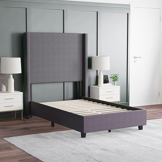 EMMA + OLIVER Nora Twin Size Faux Linen Upholstered Platform Bed with Plush Padded Wingback Headboard (No Box Spring Needed), Modern Upholstered Headboard Twin Bed Frame, Gray
