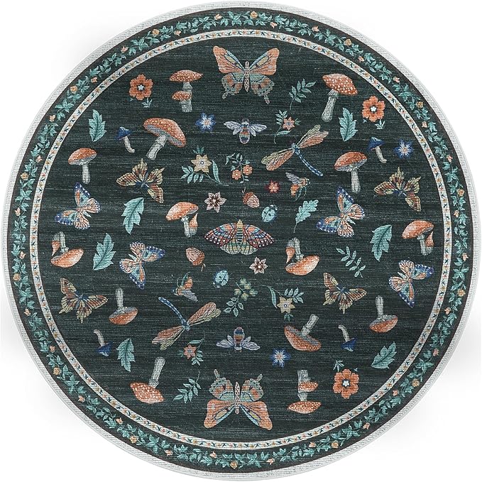 Mushroom Insect 6ft Round Rug Washable Non-Slip Soft Ultra-Thin Boho Circle Carpet for Living Room Bedroom Kitchen Nursery Dining Room Black