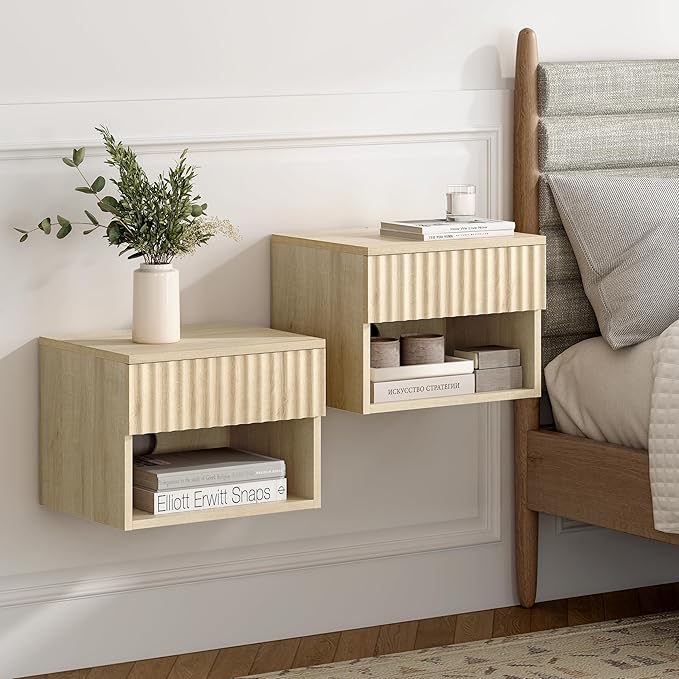 Small Floating Nightstand with Drawer, Modern Night Stand with Fluted Door and Open Storage Shelf Wall Mounted Bedside Table for Bedroom, Entryway Light Oak