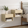 Floating Nightstand Set of 2 with Drawer, Fluted Modern Night Stand with Fluted Door and Open Storage Shelf Wall Mounted Bedside Table for Bedroom, Entryway Light Oak