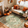 Area Rugs 4'x6' Washable Non-Slip, Floral Vintage Distress Print Pattern Medallion Carpet for Living Room Bedroom Dining Room, Brick Red Rust Neutral Brown Burnt Orange Green