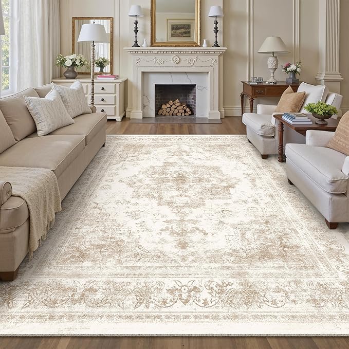 Area Rug 8x10 Cream Washable Living Room Beige Carpet Non Slip Vintage Medallion Indoor Bedroom Beige Carpet Low Pile Soft Retro Distressed Large Rug Home Office Dining Room Playroom