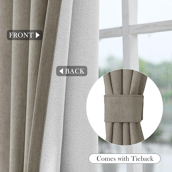 Macochico 52" Wx108 L 100% Blackout Curtains Extra Long Thermal Insulated Chenille Curtains for Living Room Bedroom Auditorium Home Theater Light Taupe Grommet Curtains with Tieback Classic 1 Panel