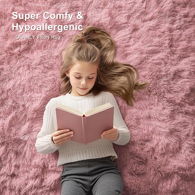 OLANLY 5x7 Machine Washable Large Area Rugs for Living Room, Bedroom, Soft Fluffy Shaggy Bedside Rug, Indoor Floor Carpet for Kids Girls and Boys, Dorms, Nursery, Home Decor Aesthetic, Pale Pink