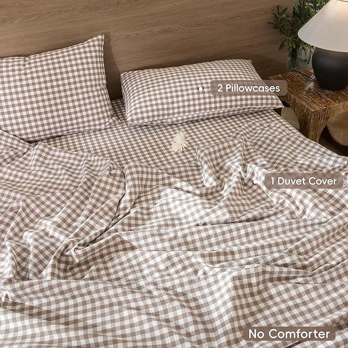 MooMee Gingham Duvet Cover Set 100% Washed Cotton Linen Like Textured Breathable Durable Soft Comfy Modern Checkered Design (Brown Gingham, King 104"x90")