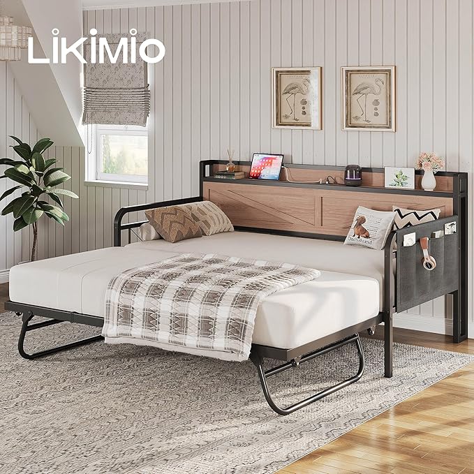 LIKIMIO Twin Daybed with Trundle Bed, Storage Headboard with Charging Station, Sofa Day Bed with Strong Supports for Living Room, Bedroom, and Guest Room, Wood Color