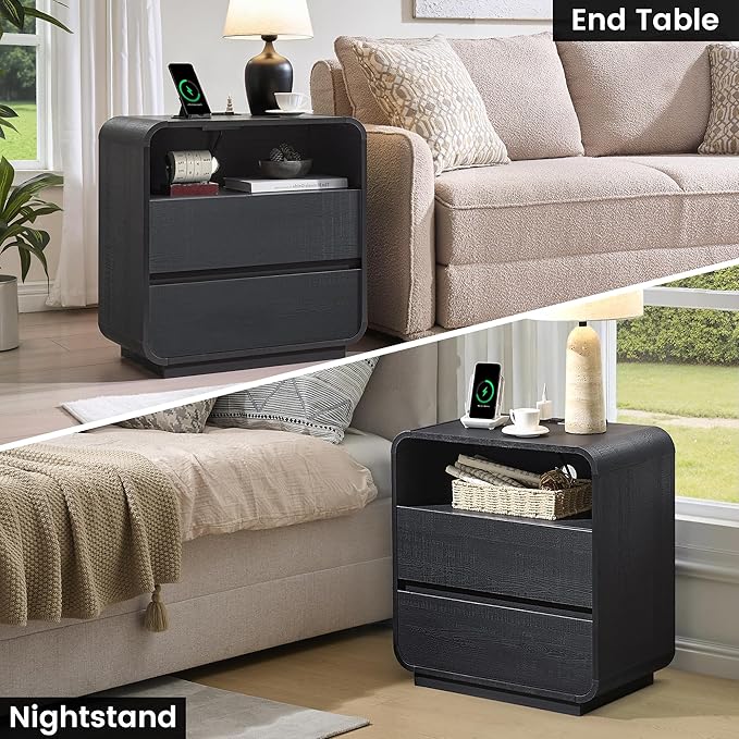 Black Curved Nightstand Set of 2 with Charging Station, 23.2" Wide Wood Bedside Table 2 Storage Drawers, Modern Side Table Handleless, Large End Table Night Stand for Bedroom