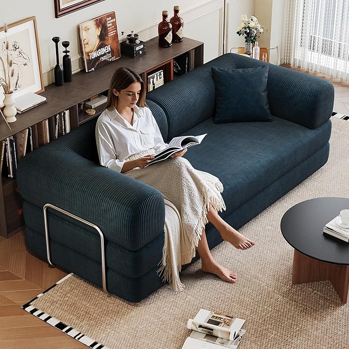 79" Convertible Sofa Bed with Fixed-Shape Frame, Corduroy Folding Pull Out Couch, No Assembly Modern Boneless Couch Compression Sofa in Box, Floor Sofa for Living Room,Blue