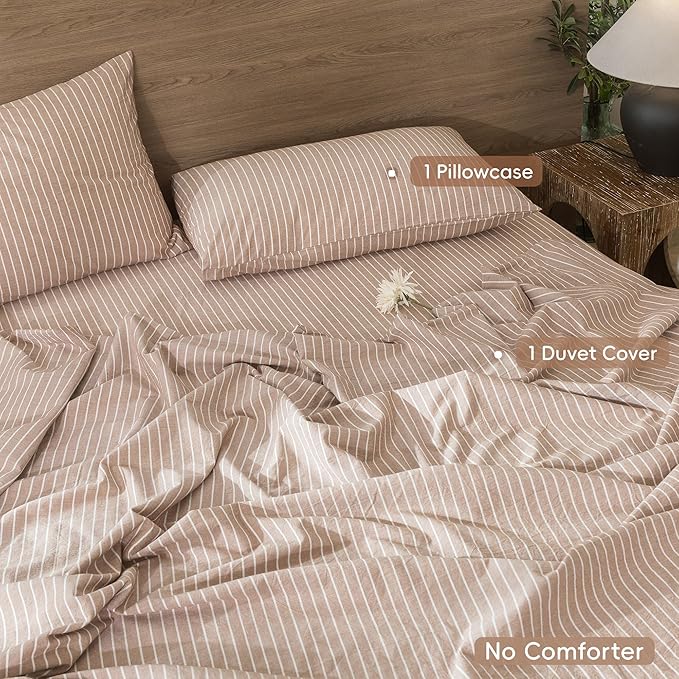 MooMee Striped Duvet Cover Set 100% Washed Cotton Linen Like Textured Breathable Durable Soft Comfy (Orange White Wide Stripes, Twin 68"x90")