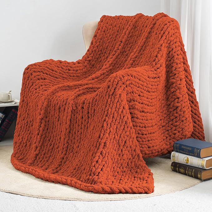 Chunky Knit Throw Blanket 50"X 60", 100% Handmade with Soft Chenille Yarn, 4.4lbs Thick Cable Knitted Blankets, Large Rope Knot Crochet Throws for Couch Sofa Bed Home Decor, Rust