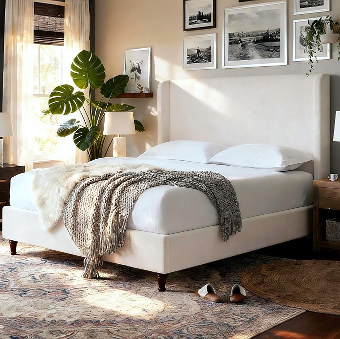 Harper 54" Extra-Tall Headboard Bed Frame - Modern Wingback Upholstered Platform Bed, 1000lbs Heavy Duty Support, Textured Chenille, No Box Spring Needed(Cream White Queen)