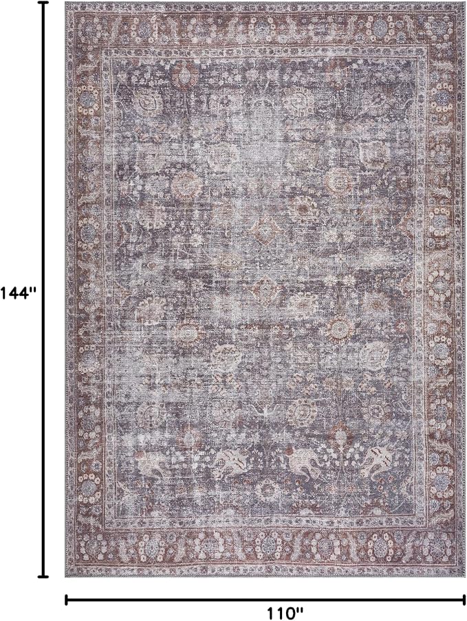 Bloom Rugs Washable 9' x 12' Rug - Brown/Dark Gray Traditional Area Rug for Living Room, Bedroom, Dining Room, and Kitchen - Exact Size: 9' x 12'