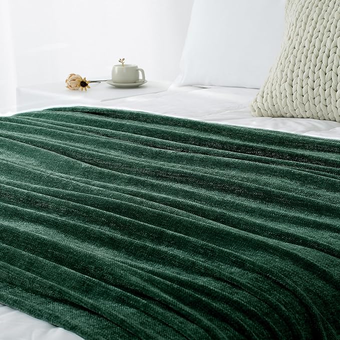 Chenille Throw Blanket for Couch 60"X 80" Twin, Soft Cozy Throws with Fringe Tassel for Bed Sofa Chair Cover, Lightweight Knitted Decorative Boho Blankets for Living Room, Dark Green