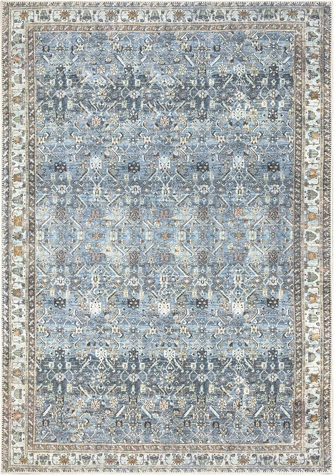 Bloom Rugs Washable Non-Slip 6' x 9' Rug - Blue/Beige Traditional Area Rug for Living Room, Bedroom, Dining Room, and Kitchen - Exact Size: 6' x 9'
