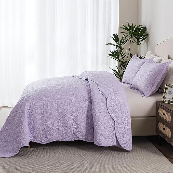 HoneiLife Quilt Sets King Size - Microfiber Bedspreads for King Bed, 3-Piece Lightweight Coverlets, Retro Bedlinen Sets, King Quilt Bedding Set All Season Use-Light Purple