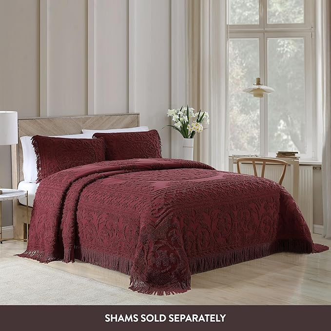 Beatrice Home Fashions Medallion Chenille Bedspread, Full, Burgundy