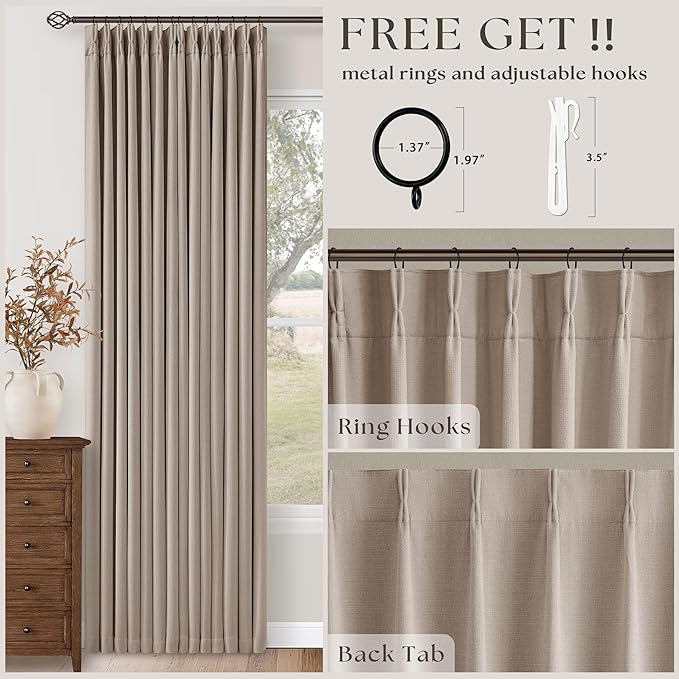 Extra Wide Burlywood Birch Blackout Sliding Glass Door Curtains 102 Inches Long Memory Trained Pinch Pleated Linen Double Layer Black Out Heat Blocking Curtain 70 Inch Width 102 Inch Length 1 Panel