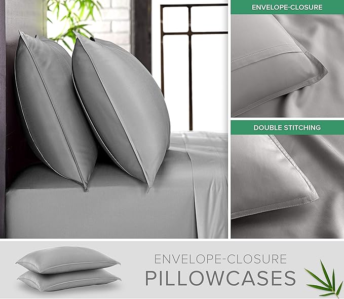 Pure Bamboo Full Sheets, Genuine 100% Organic Viscose Derived from Bamboo Bed Sheet Set, Luxuriously Soft & Cooling, Double Stitching, 2 Year Quality Promise (Full, Stone Grey)