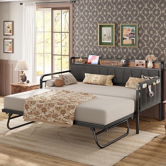LIKIMIO Daybed with Trundle Bed, Twin XL Bed Frame with Storage Headboard and Charging Station, Sofa Day Bed with Strong Supports for Living Room, Bedroom, and Guest Room, Grey