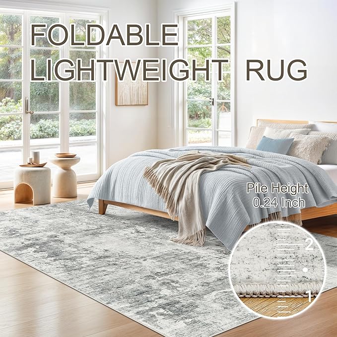 Abstract Rug 5x7 Machine Washable Area Indoor Grey White Low Pile Non-Slip Foldable Thin Accent Rugs for Bedroom Living Room Dining Room