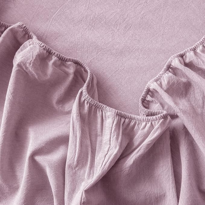 MooMee Fitted Bottom Sheet Only 100% Washed Cotton Linen Like Textured Breathable Durable Soft Comfy Deep Pocket Fits Mattress up to 17" (Light Purple, King)