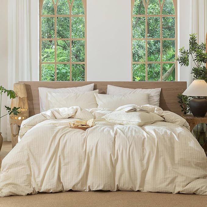 MooMee Striped Duvet Cover Set 100% Washed Cotton Linen Like Textured Breathable Durable Soft Comfy (Almond Milk Grey White Wide Stripes, Super Queen 90"x98")