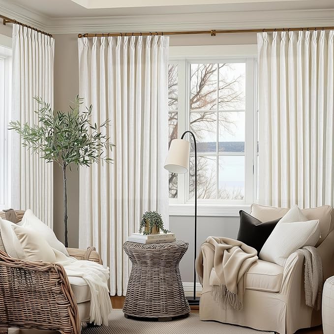 Pinch Pleated Extra Wide Curtain Panels 90 Inches Long 70 Wide Linen Curtain for Patio Sliding Glass Door Cream Hooks Rings Semi Sheer Privacy 90 Inch Length for Living Room 70x90 1 Panel