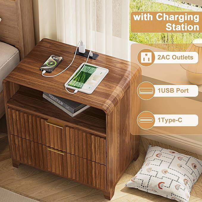 3 Pcs Bedroom Furniture Set, 9 Drawer Fluted Dresser and Nightstand Set of 2 with Charging Station, Modern Bed Side Table Chest of Drawers Storage Cabinet Set for Bedroom, Living Room, Walnut